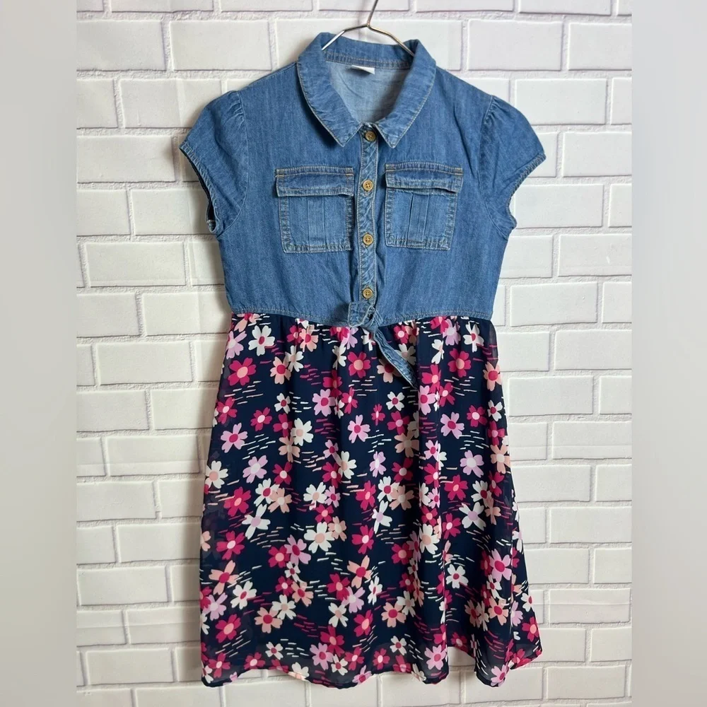 WONDER NATION girls Floral Denim Dress/size L(10-12)